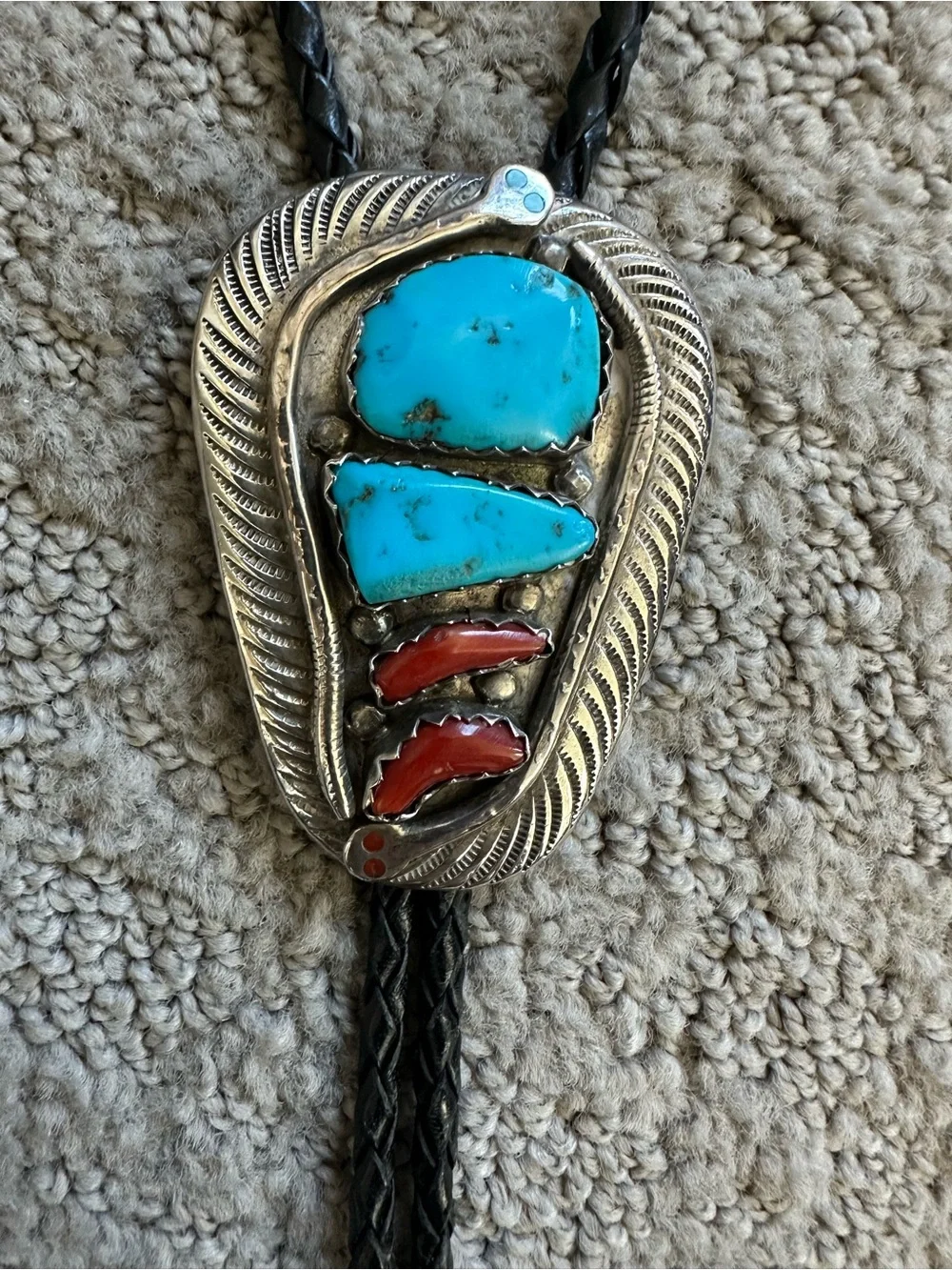 Effie Calavaza Zuni Sterling Silver Turquoise Coral Snake Bolo Tie